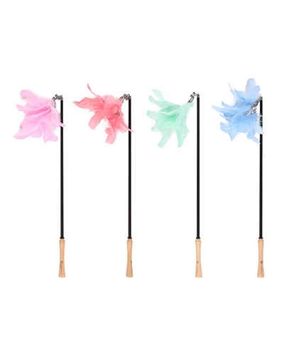 Quatre cannes à pêche pour chat avec plumes colorées.